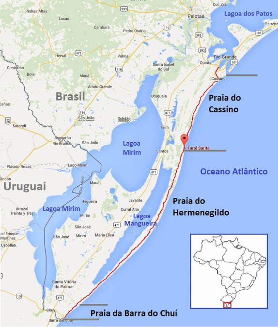 Nosso caminho entre o Chuí e Rio Grande, longe da estrada e através dos 250 km de areia da praia mais longa do mundo. A mesma praia muda de nome ao longo do percurso, quando mudamos de município, de Chuí para Sta Vitoria do Palmar para Rio Grande